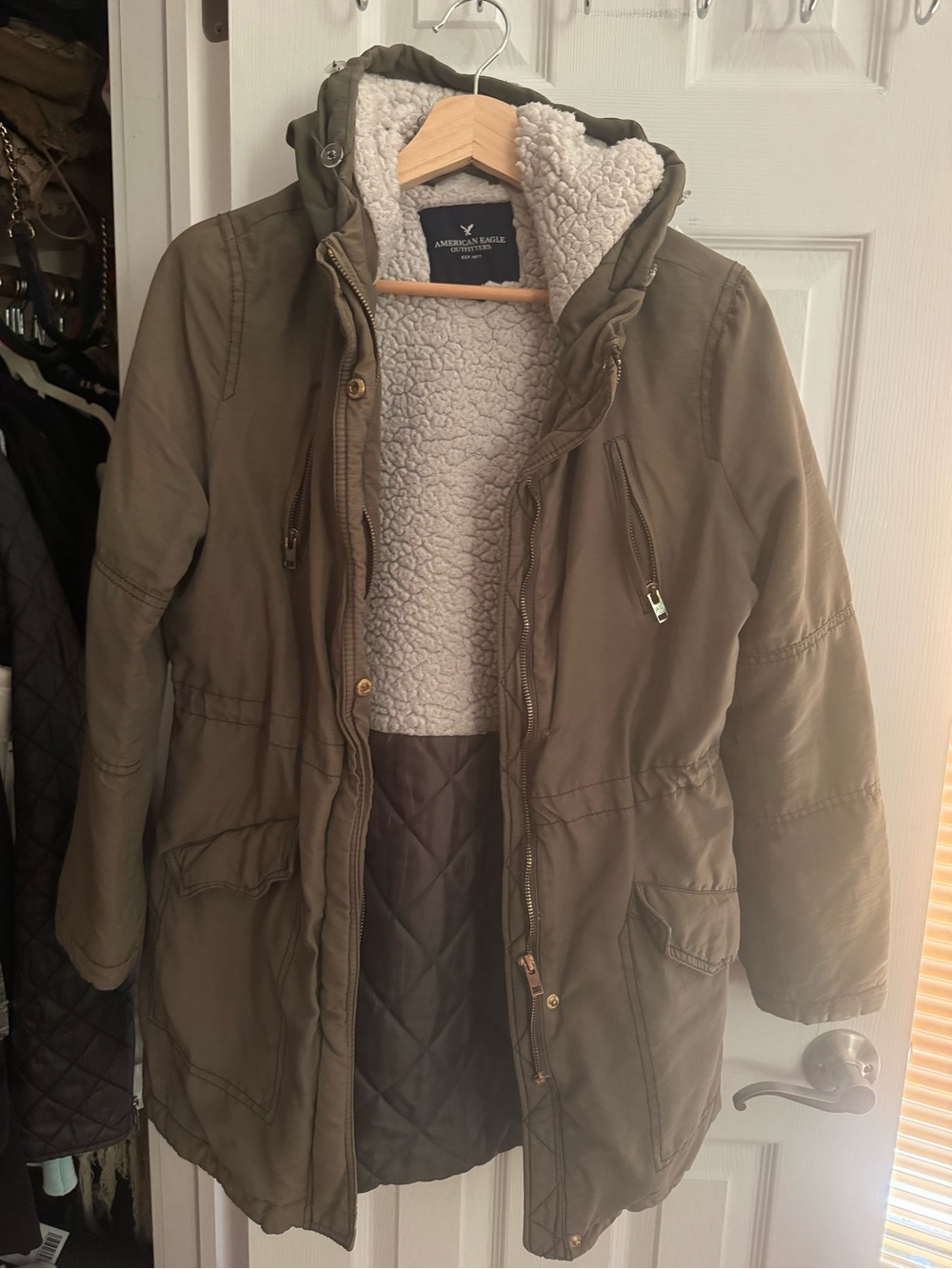American Eagle Outfitters Olive Utility Sherpa-Lined Hooded Jacket